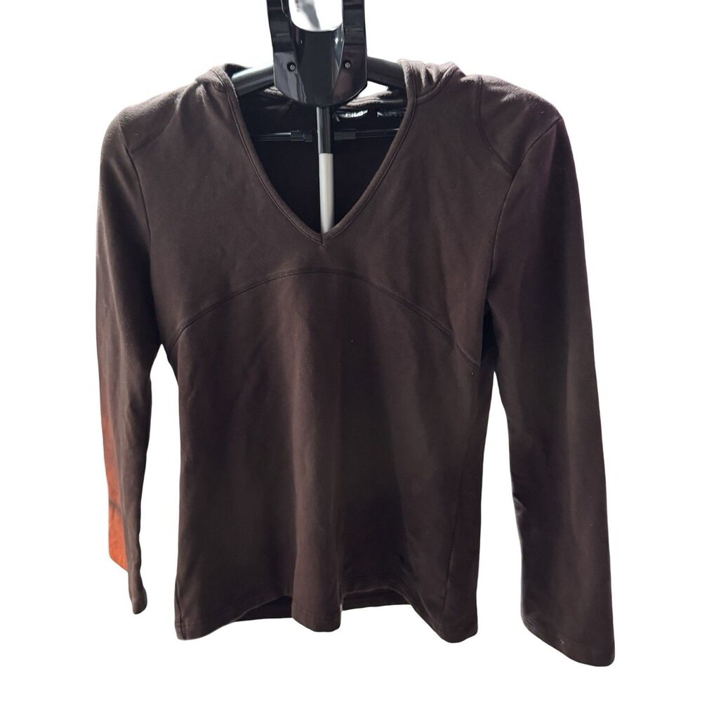 FILA Women's Light-Weight Athletic Hooded Top Brown V Neck Fitted Medium